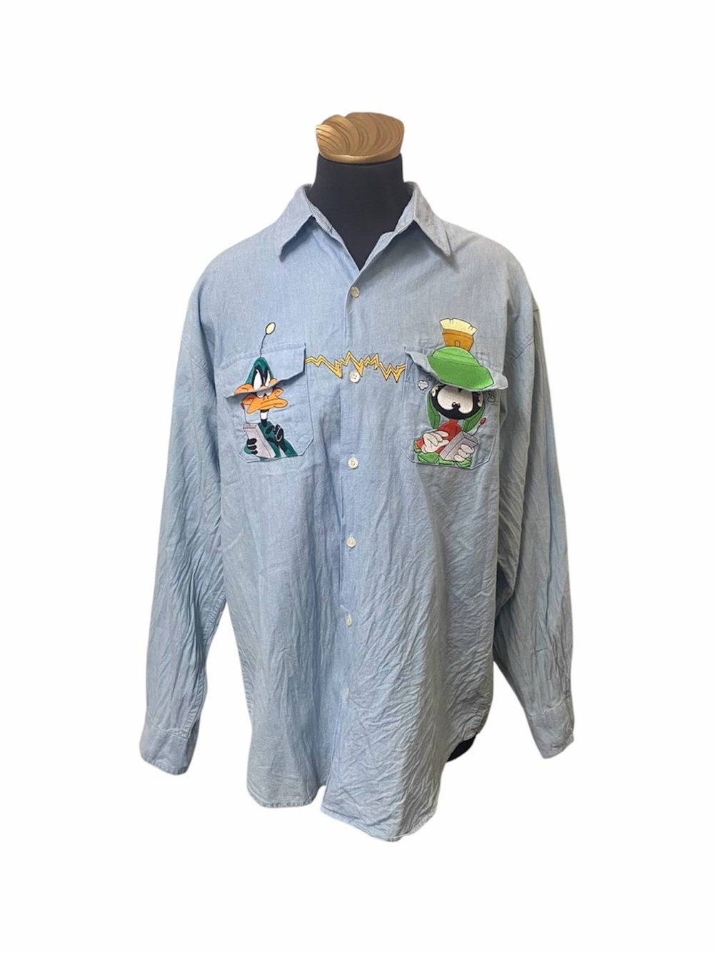 Vintage 90s Looney Tunes Marvin Martian Daffy Duck Denim Button Up Shirt Size L